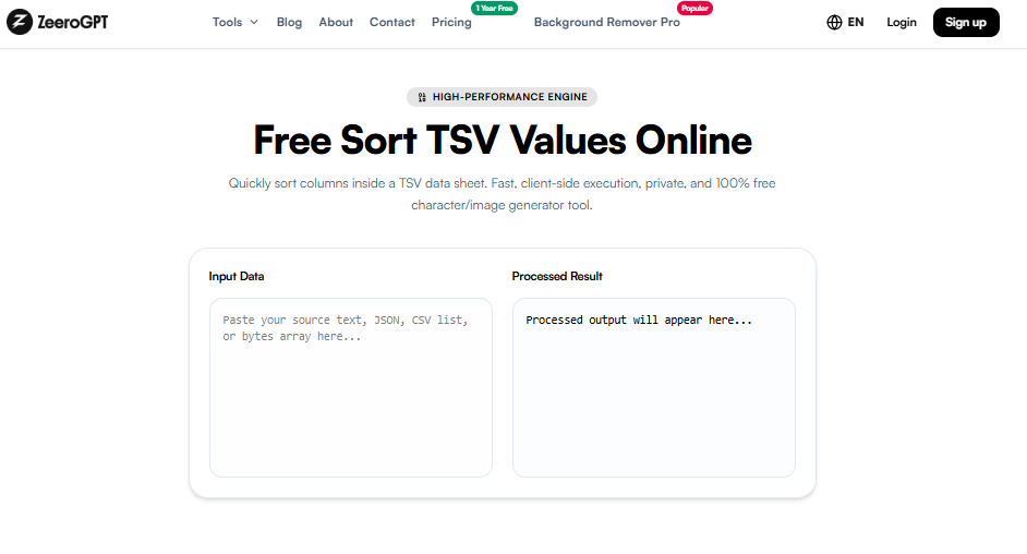 ZeeroGPT Sort TSV Values Online Interface