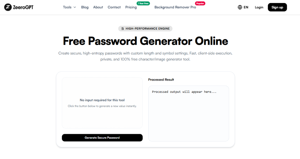 ZeeroGPT Password Generator Online Interface