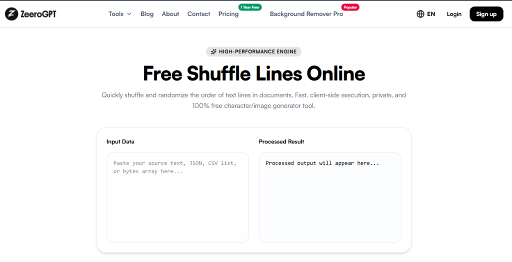 ZeeroGPT Shuffle Lines Online Interface