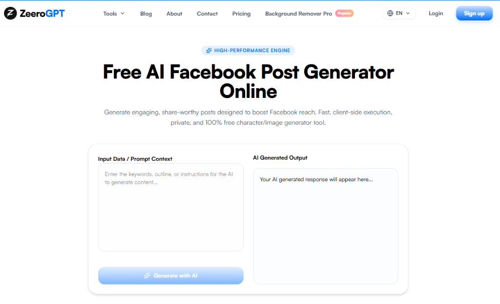 ZeeroGPT AI Facebook Post Generator Interface