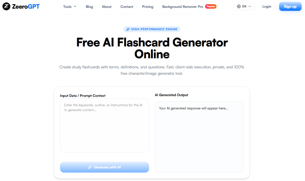 ZeeroGPT AI Flashcard Generator Interface